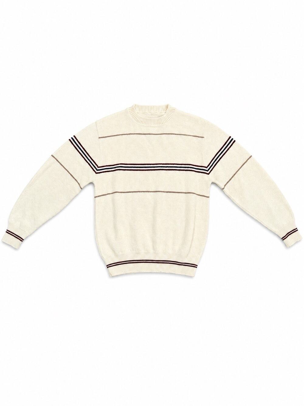 Vintage Men’s Small Cream Striped Crewneck Knit Sweater Ivory